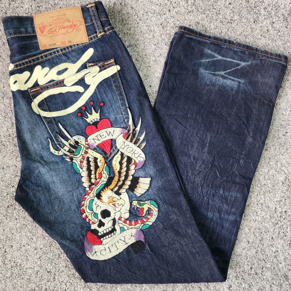 Ed Hardy Jeans Mens 32x32 Y2K Embroidered NYC Skull Eagle Dark Wash New